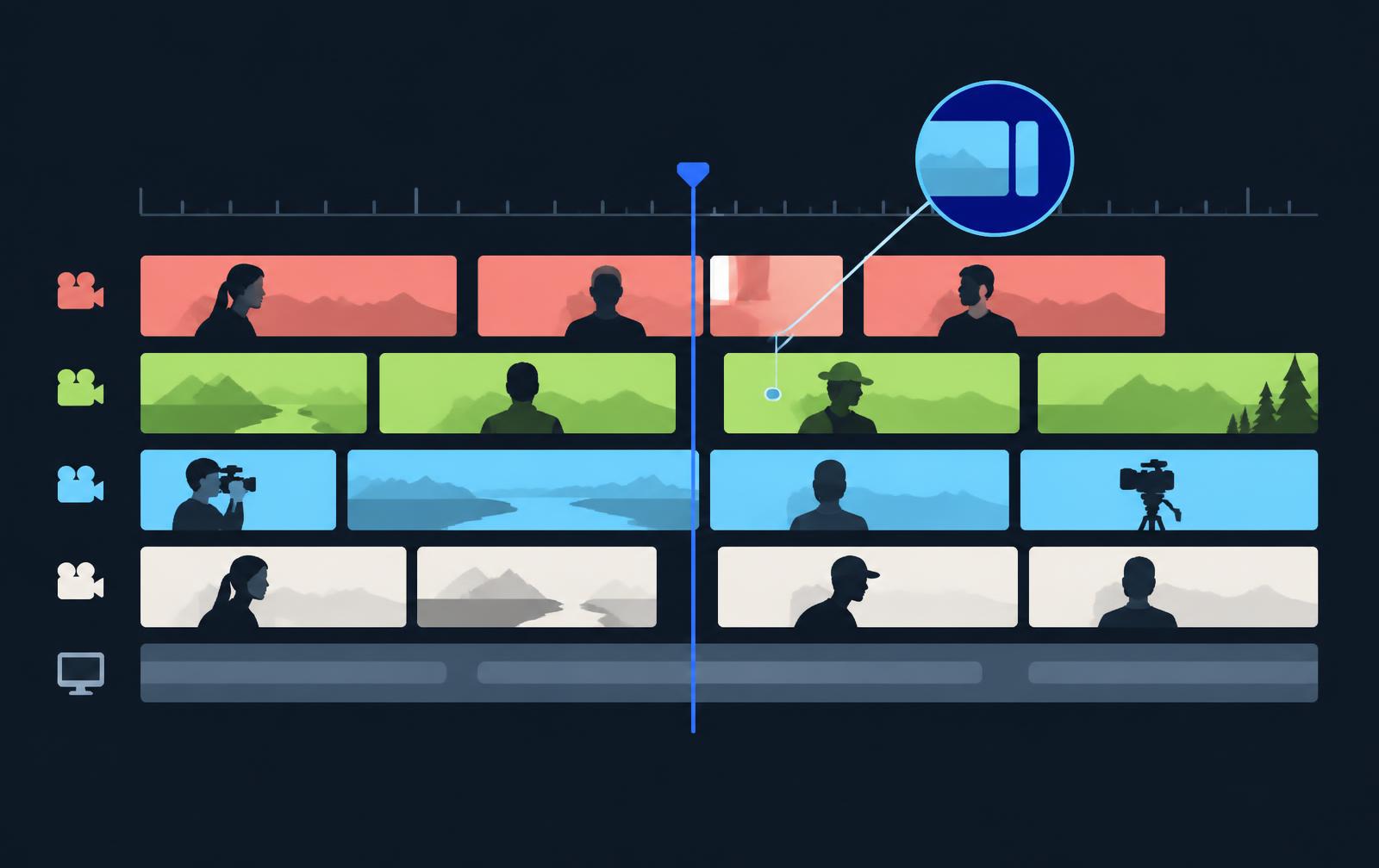 Illustration of an editing timeline with colour-coded camera tracks switching between angles