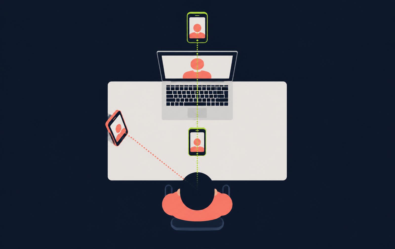 Top-down illustration of a desk with a laptop and three phones filming one presenter from front, side and overhead