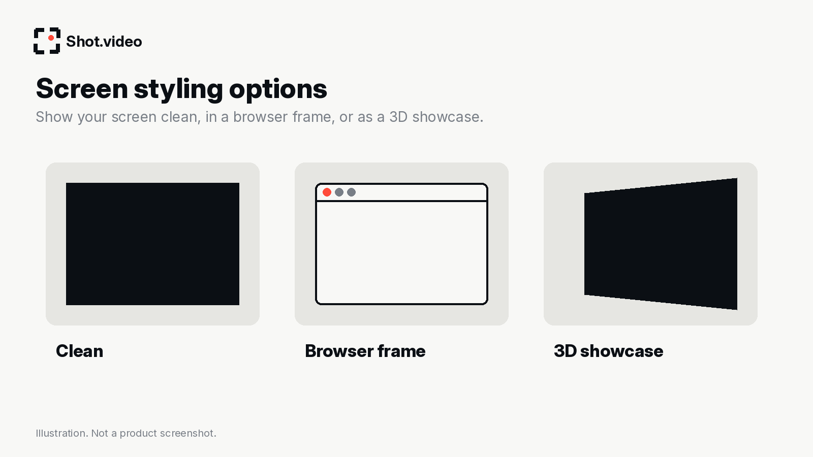 Three screen styling options: clean, browser frame and 3D showcase