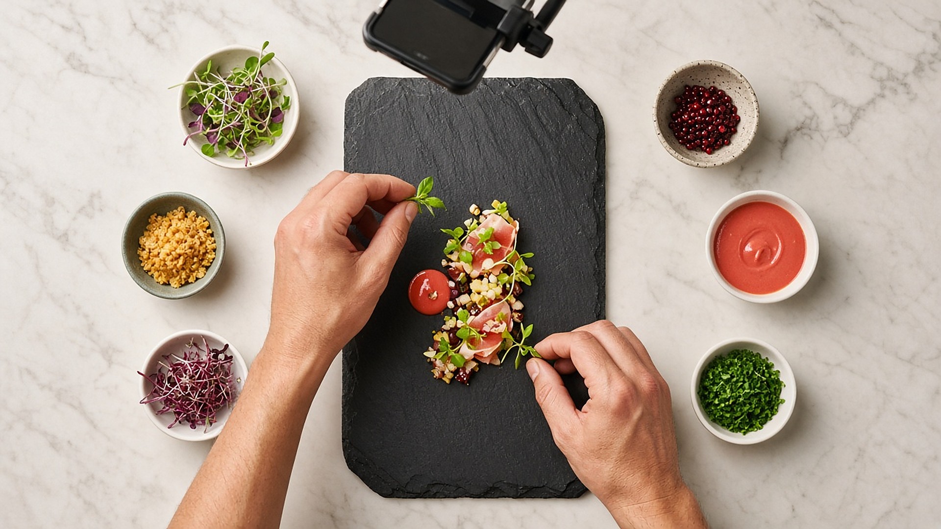 Overhead photo of a chef's hands plating a dish on a slate board with small bowls of ingredients and a phone mounted above